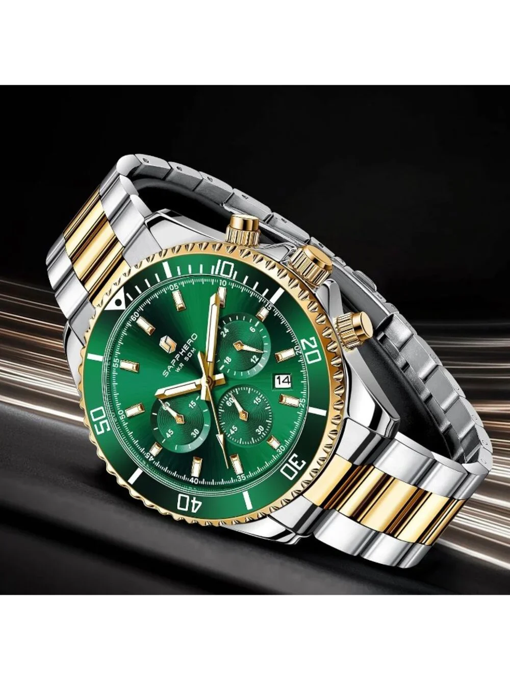Men's Gold Silver Strap Green Face Chronograph Stainless Steel Waterproof  Watch
